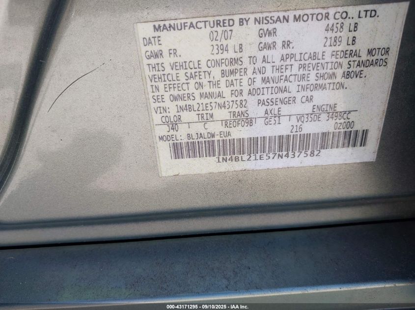2007 Nissan Altima 3.5 Se VIN: 1N4BL21E57N437582 Lot: 43171295