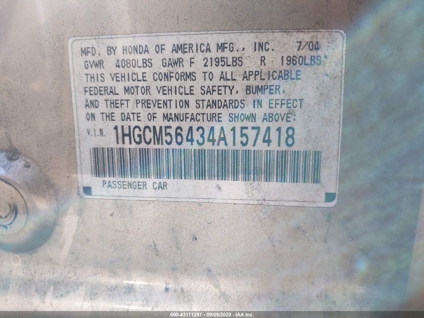 2004 Honda Accord 2.4 Lx VIN: 1HGCM56434A157418 Lot: 43171297