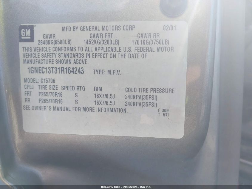 2001 Chevrolet Tahoe Lt VIN: 1GNEC13T31R164243 Lot: 43171348