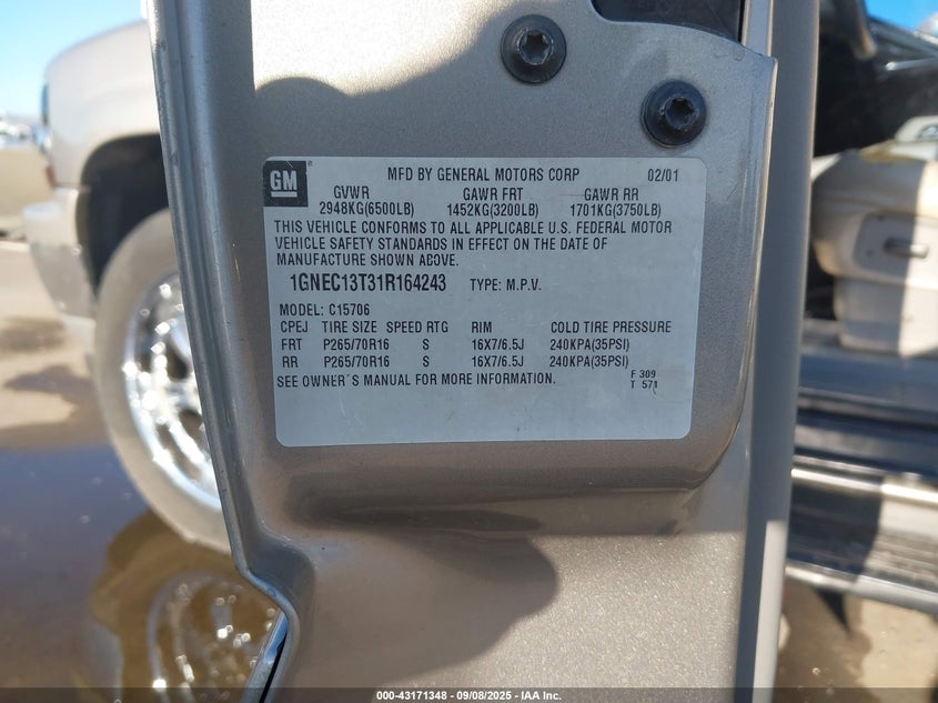 2001 Chevrolet Tahoe Lt VIN: 1GNEC13T31R164243 Lot: 43171348