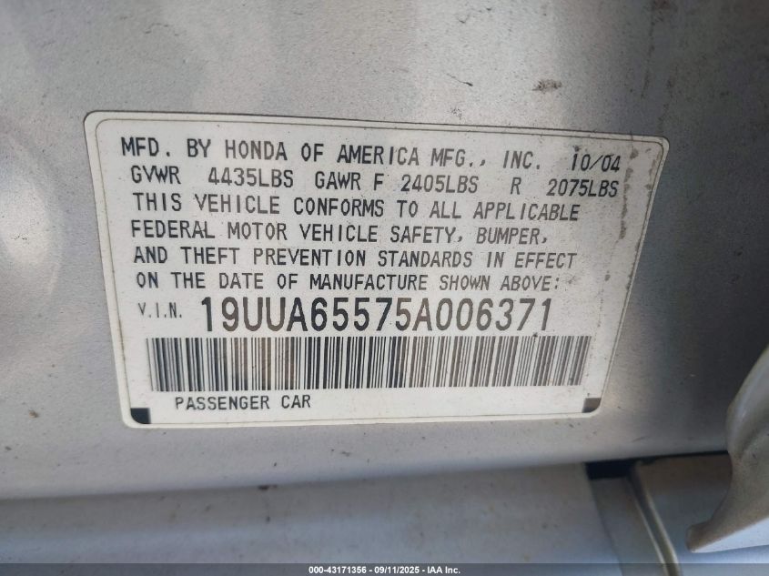 2005 Acura Tl VIN: 19UUA65575A006371 Lot: 43171356