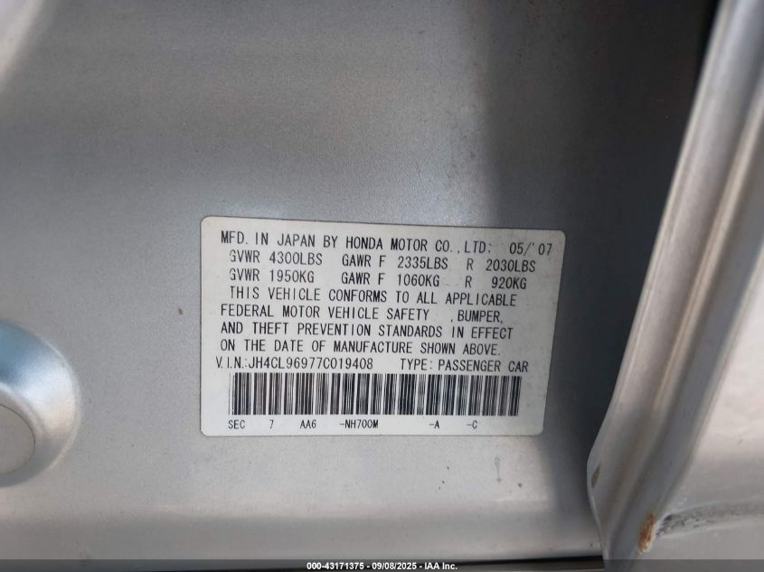 2007 Acura Tsx VIN: JH4CL96977C019408 Lot: 43171375