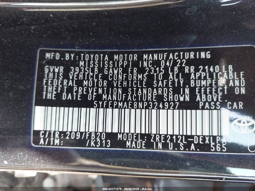 2022 Toyota Corolla Le VIN: 5YFEPMAE8NP324927 Lot: 43171379