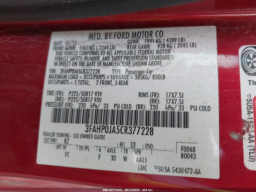 2012 Ford Fusion Sel VIN: 3FAHP0JA5CR377228 Lot: 43171410