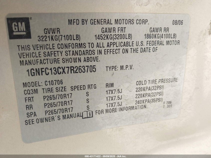 2007 Chevrolet Tahoe Ls VIN: 1GNFC13CX7R263705 Lot: 43171422