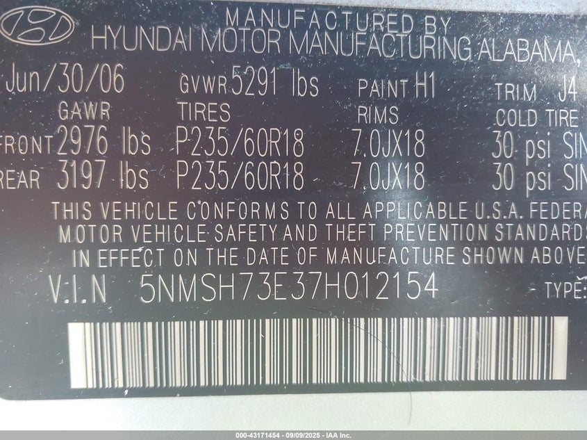 2007 Hyundai Santa Fe Limited/Se VIN: 5NMSH73E37H012154 Lot: 43171454
