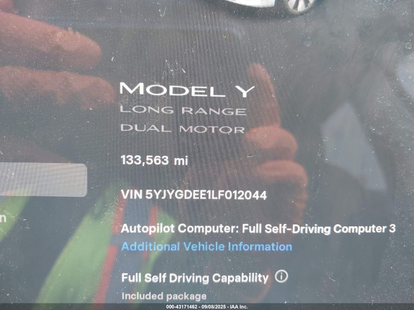 2020 Tesla Model Y Long Range Dual Motor All-Wheel Drive VIN: 5YJYGDEE1LF012044 Lot: 43171462
