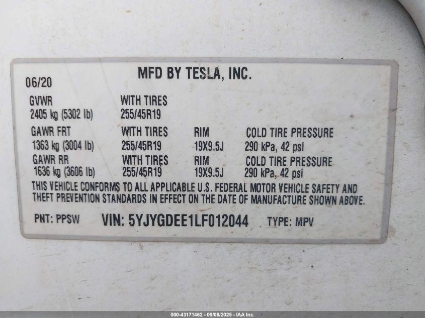 2020 Tesla Model Y Long Range Dual Motor All-Wheel Drive VIN: 5YJYGDEE1LF012044 Lot: 43171462