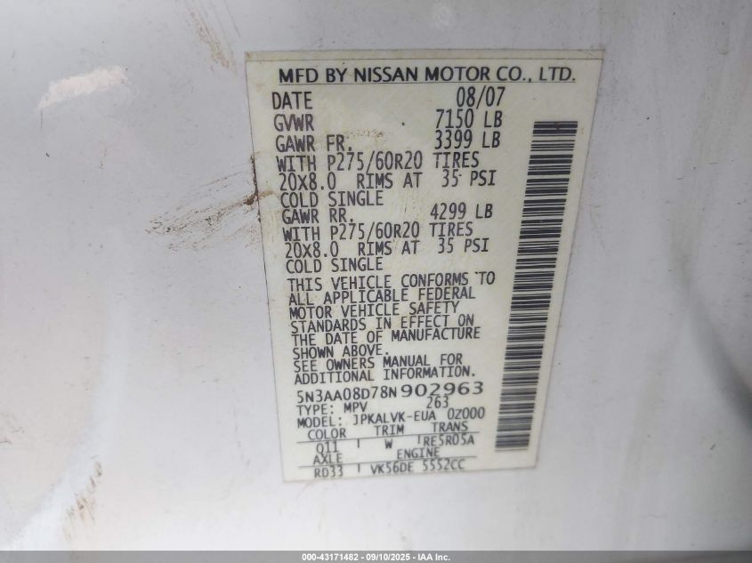 2008 Infiniti Qx56 VIN: 5N3AA08D78N902963 Lot: 43171482