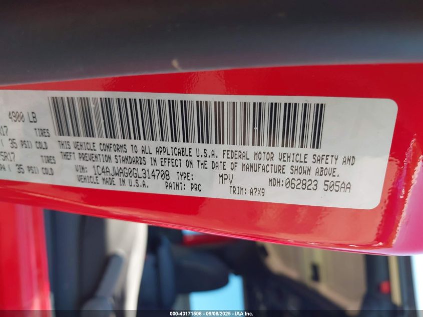 2016 Jeep Wrangler Sport VIN: 1C4AJWAG0GL314708 Lot: 43171506