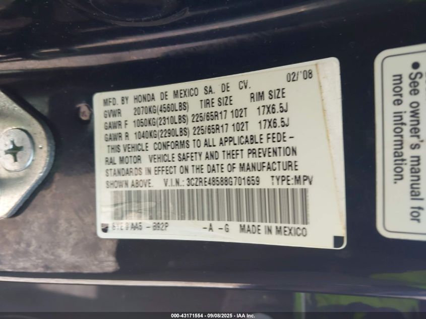 2008 Honda Cr-V Ex VIN: 3CZRE48588G701659 Lot: 43171554
