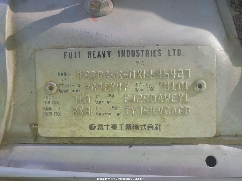 1999 Subaru Legacy 30Th Ann. Outback Ltd./Outback VIN: 4S3BG6850X6646427 Lot: 43171575