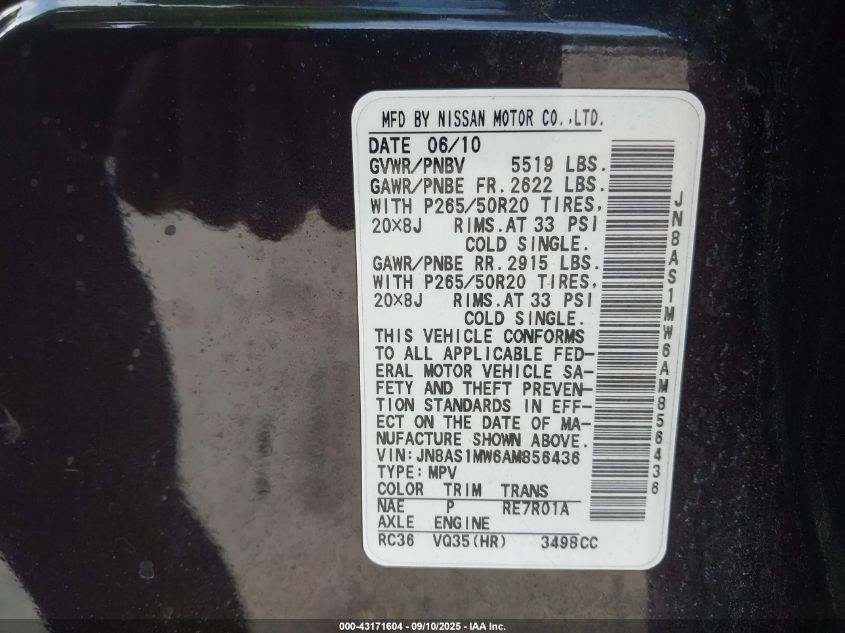 2010 Infiniti Fx35 VIN: JN8AS1MW6AM856436 Lot: 43171604