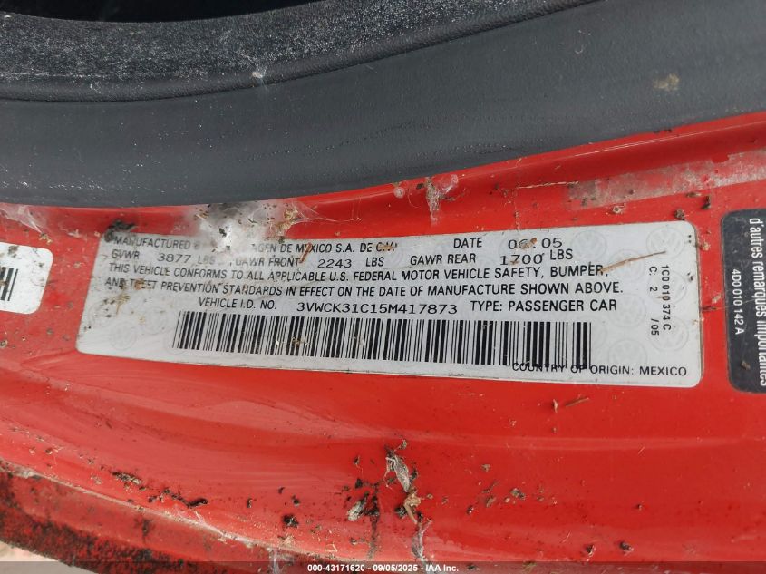 2005 Volkswagen New Beetle Gls VIN: 3VWCK31C15M417873 Lot: 43171620