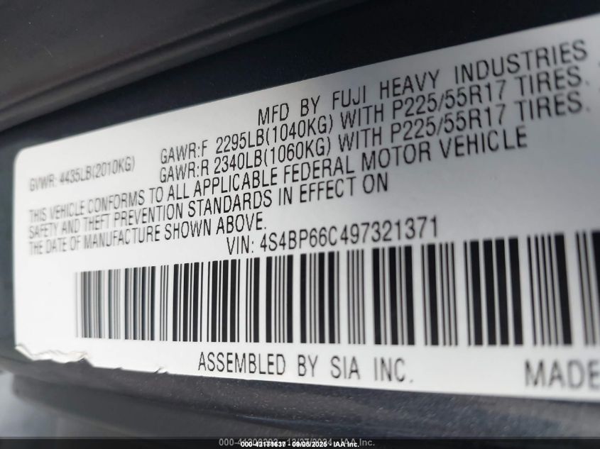 2009 Subaru Outback 2.5I Limited VIN: 4S4BP66C497321371 Lot: 43171637