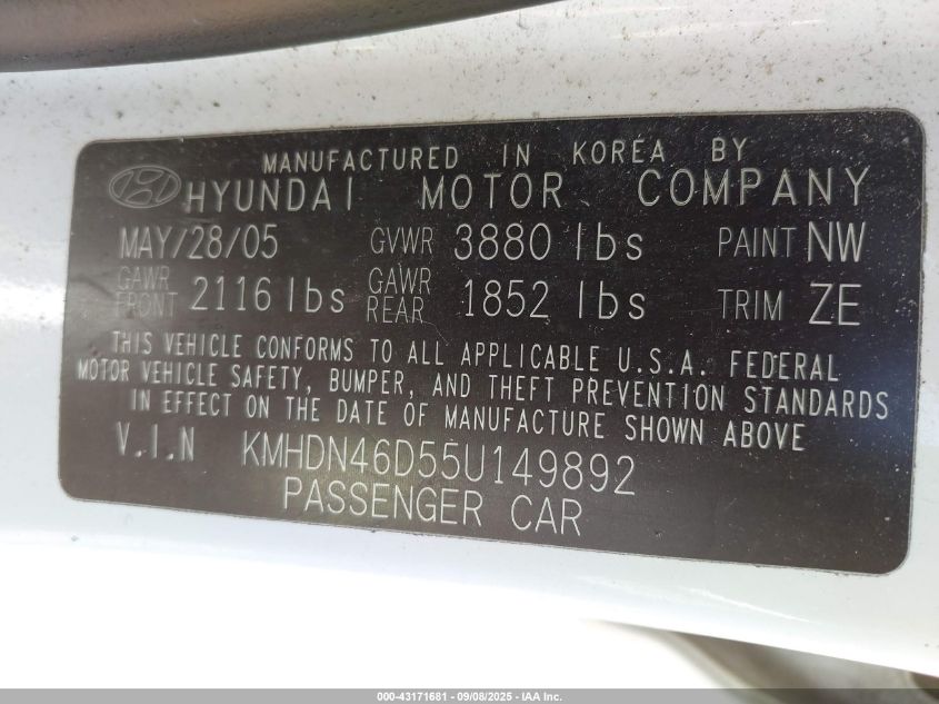 2005 Hyundai Elantra Gls/Gt VIN: KMHDN46D55U149892 Lot: 43171681