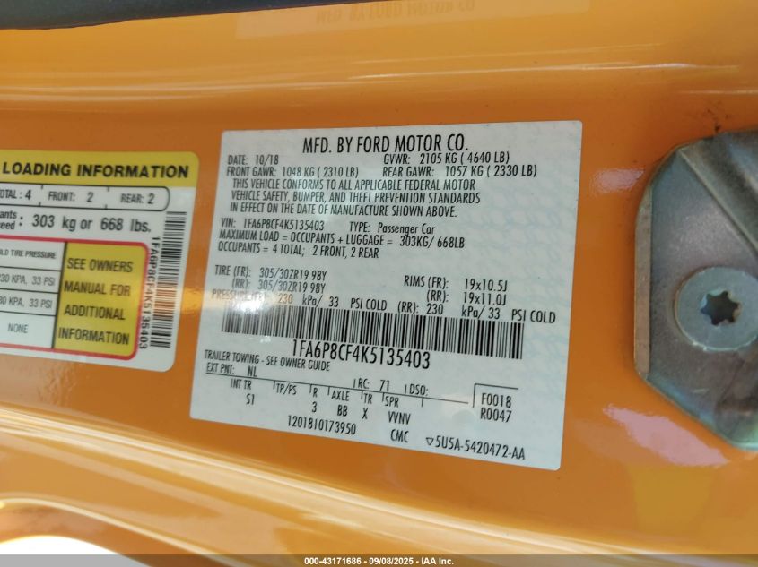 2019 Ford Mustang Gt VIN: 1FA6P8CF4K5135403 Lot: 43171686