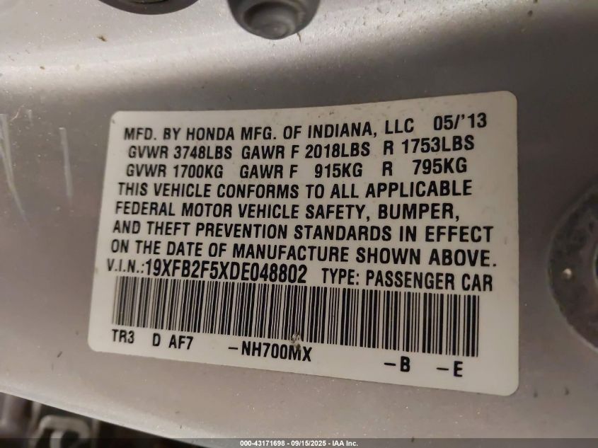 2013 Honda Civic Lx VIN: 19XFB2F5XDE048802 Lot: 43171698