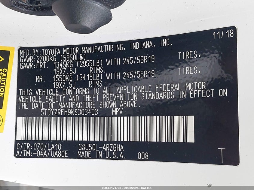 2019 TOYOTA HIGHLANDER LIMITED PLATINUM - 5TDYZRFH9KS303403