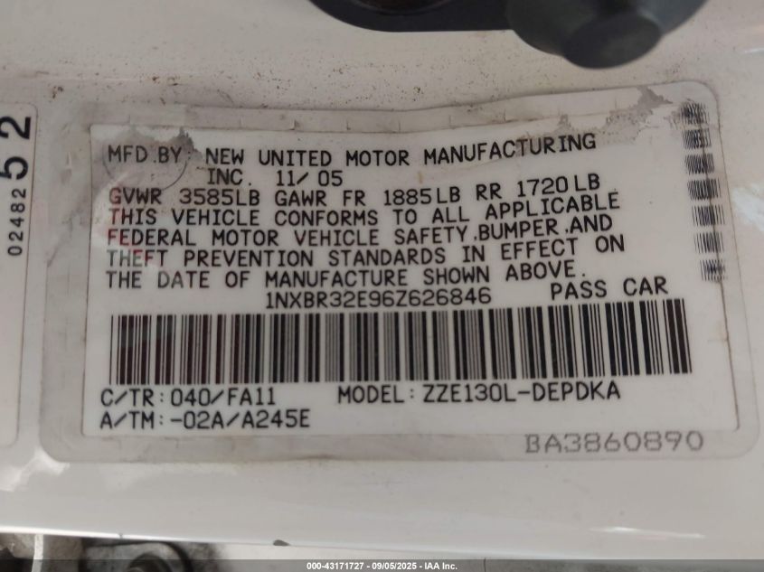 2006 Toyota Corolla Ce VIN: 1NXBR32E96Z626846 Lot: 43171727