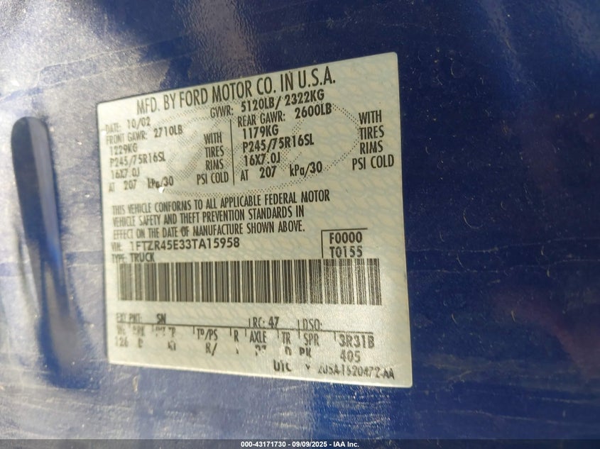 2003 Ford Ranger Super Cab VIN: 1FTZR45E33TA15958 Lot: 43171730