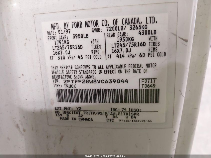 1997 Ford F-250 Lariat/Standard/Xl/Xlt VIN: 2FTFF28W8VCA39044 Lot: 43171761