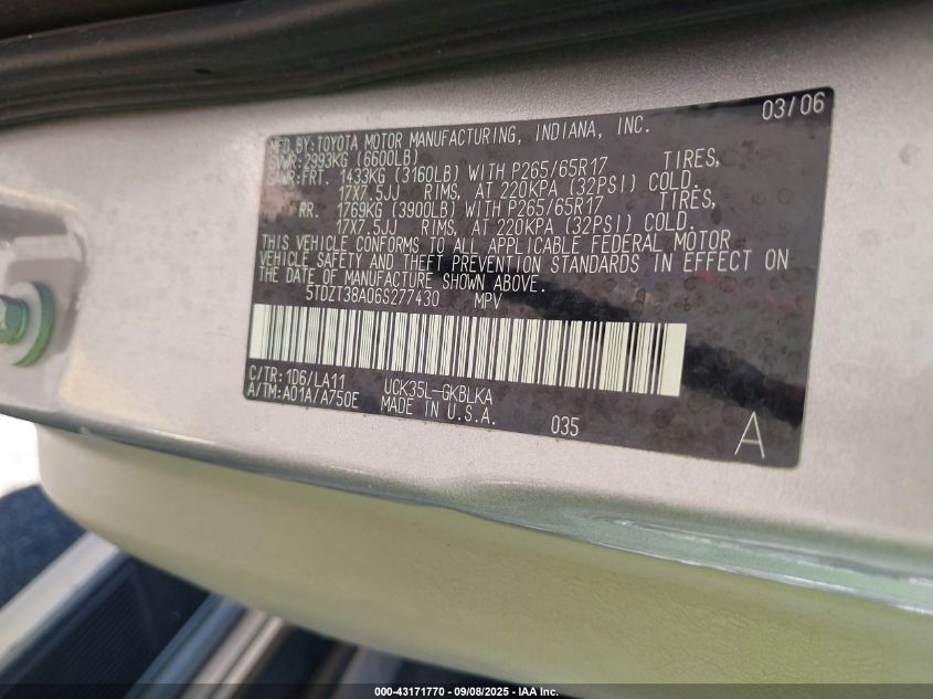 2006 Toyota Sequoia Limited V8 VIN: 5TDZT38A06S277430 Lot: 43171770