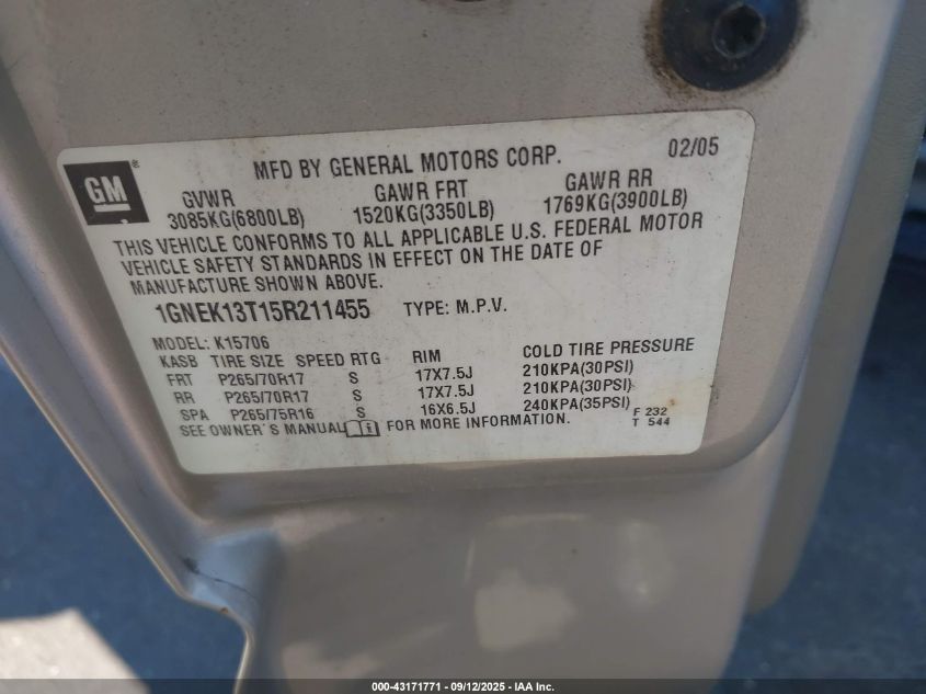 2005 Chevrolet Tahoe Z71 VIN: 1GNEK13T15R211455 Lot: 43171771