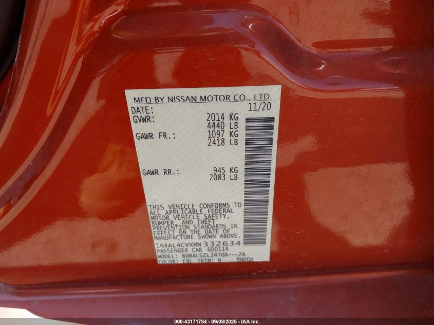 2021 Nissan Altima Sr Vc-Turbo Fwd VIN: 1N4AL4CVXMN332634 Lot: 43171784