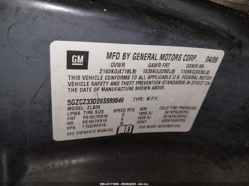 2006 Saturn Vue 4 Cyl VIN: 5GZCZ33D26S889849 Lot: 43171805