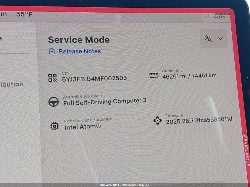 2021 Tesla Model 3 Long Range Dual Motor All-Wheel Drive VIN: 5YJ3E1EB4MF002503 Lot: 43171811