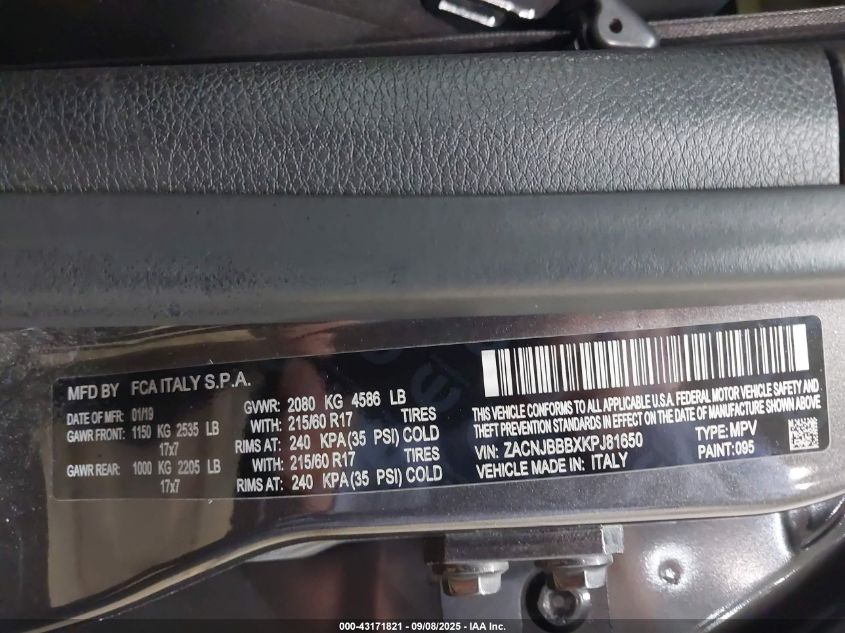 2019 Jeep Renegade Latitude 4X4 VIN: ZACNJBBBXKPJ81650 Lot: 43171821