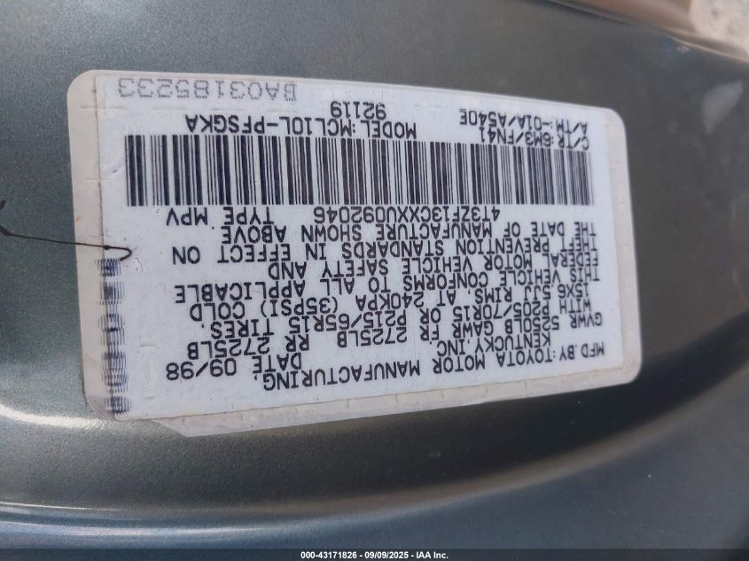 1999 Toyota Sienna Le VIN: 4T3ZF13CXXU092046 Lot: 43171826