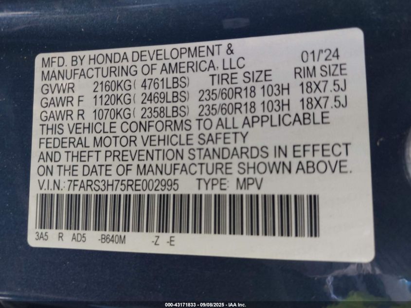 2024 Honda Cr-V Ex-L 2Wd VIN: 7FARS3H75RE002995 Lot: 43171833