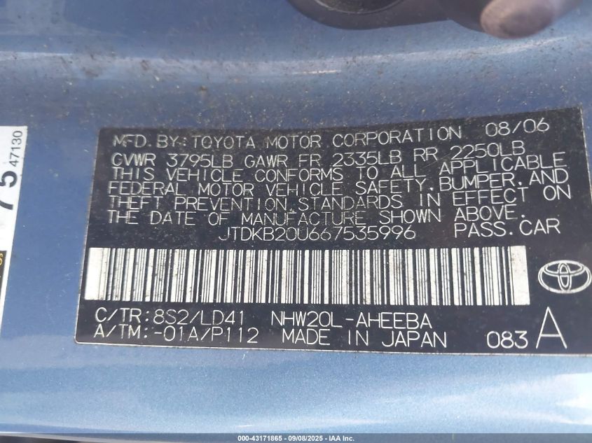 2006 Toyota Prius VIN: JTDKB20U667535996 Lot: 43171865