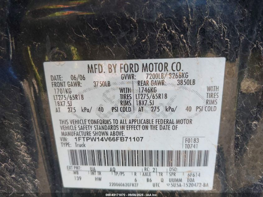 2006 Ford F-150 Fx4/Lariat/Xlt VIN: 1FTPW14V66FB71107 Lot: 43171870