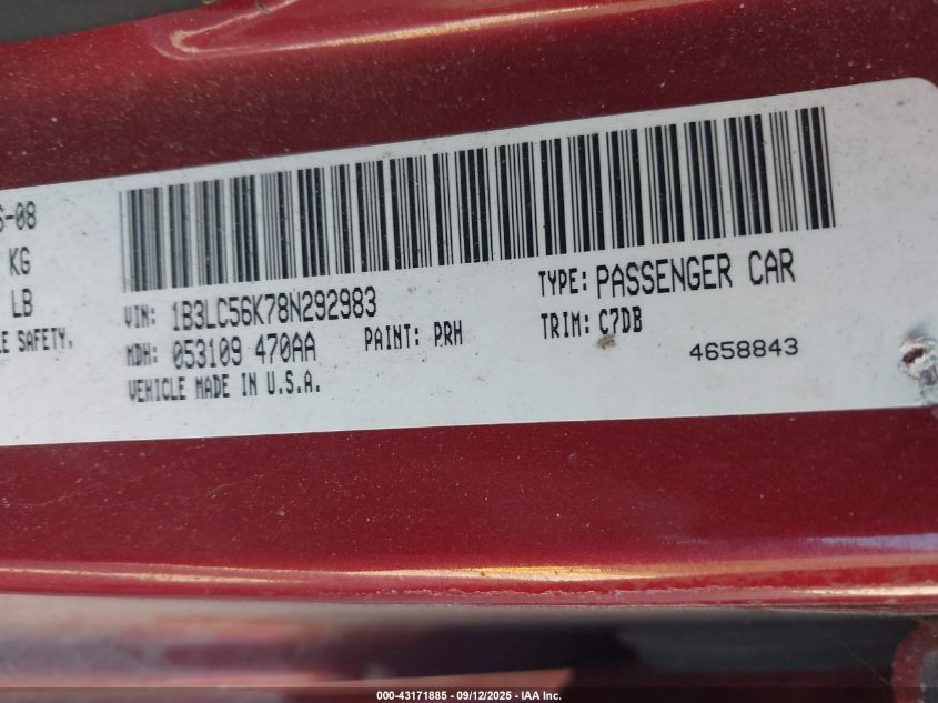 2008 Dodge Avenger Sxt VIN: 1B3LC56K78N292983 Lot: 43171885