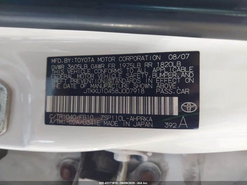 2008 Scion Xd VIN: JTKKU10458J007918 Lot: 43171910