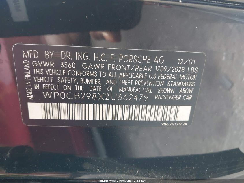 2002 Porsche Boxster S VIN: WP0CB298X2U662479 Lot: 43171936