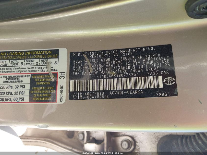 2008 Toyota Camry Le VIN: 4T1BE46K48U775251 Lot: 43171940