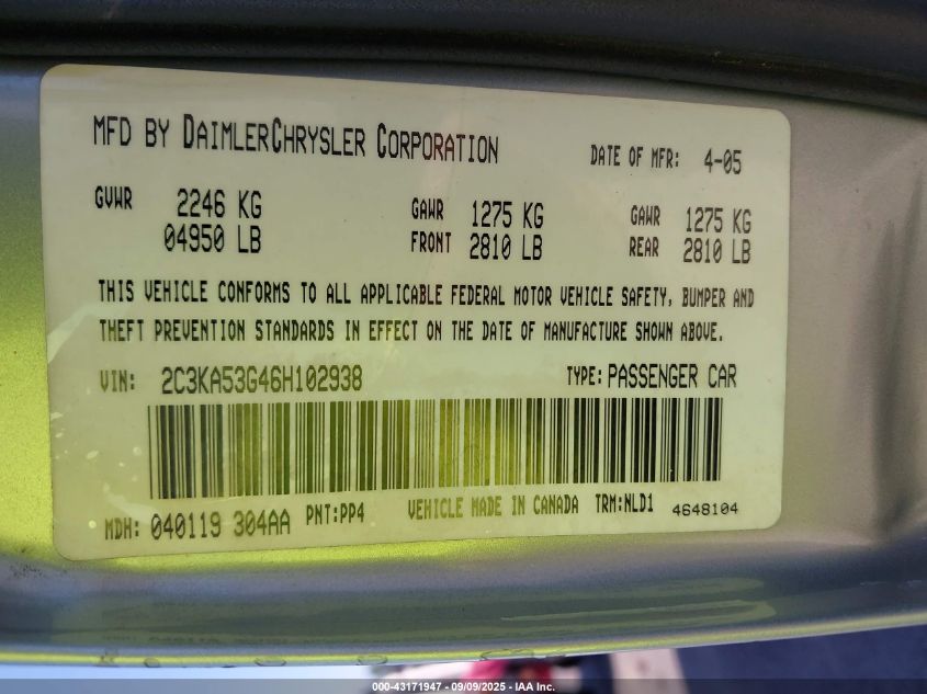 2006 Chrysler 300 Touring VIN: 2C3KA53G46H102938 Lot: 43171947