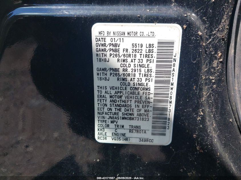 2011 Infiniti Fx35 VIN: JN8AS1MW0BM731823 Lot: 43171957