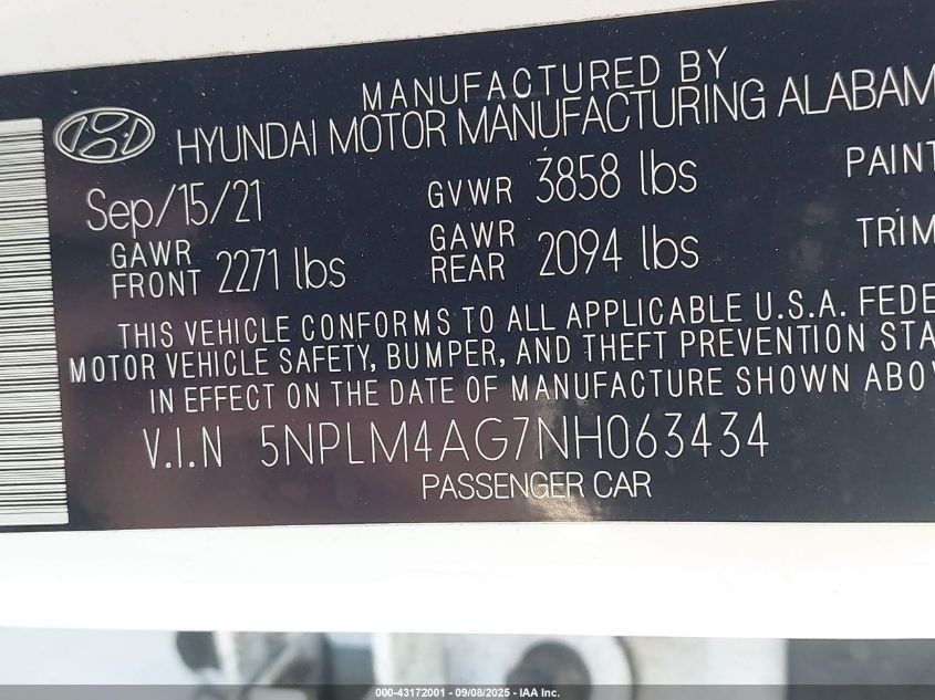 2022 Hyundai Elantra Sel VIN: 5NPLM4AG7NH063434 Lot: 43172001