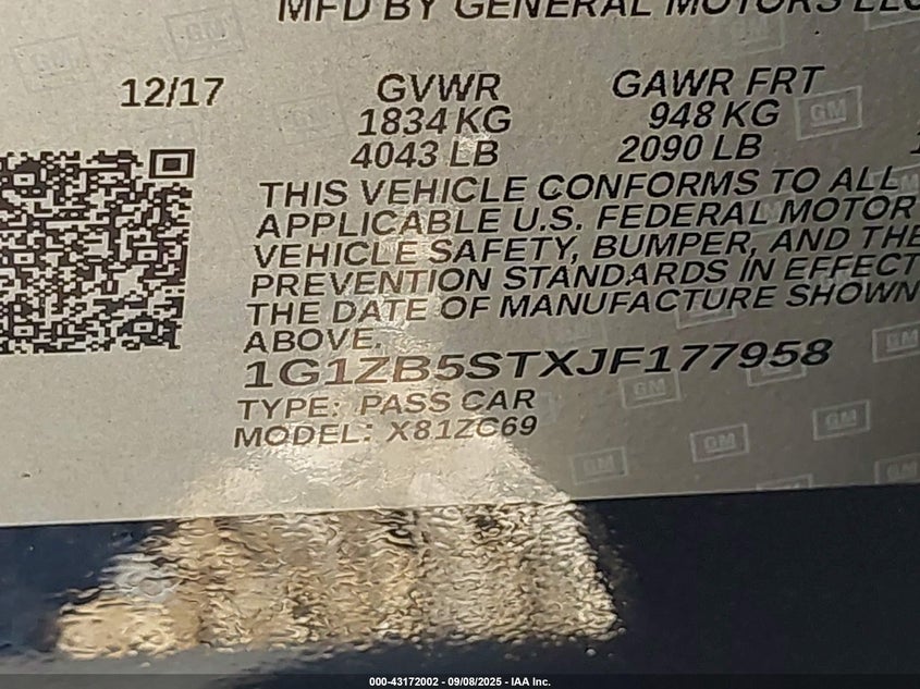 2018 Chevrolet Malibu 1Ls VIN: 1G1ZB5STXJF177958 Lot: 43172002