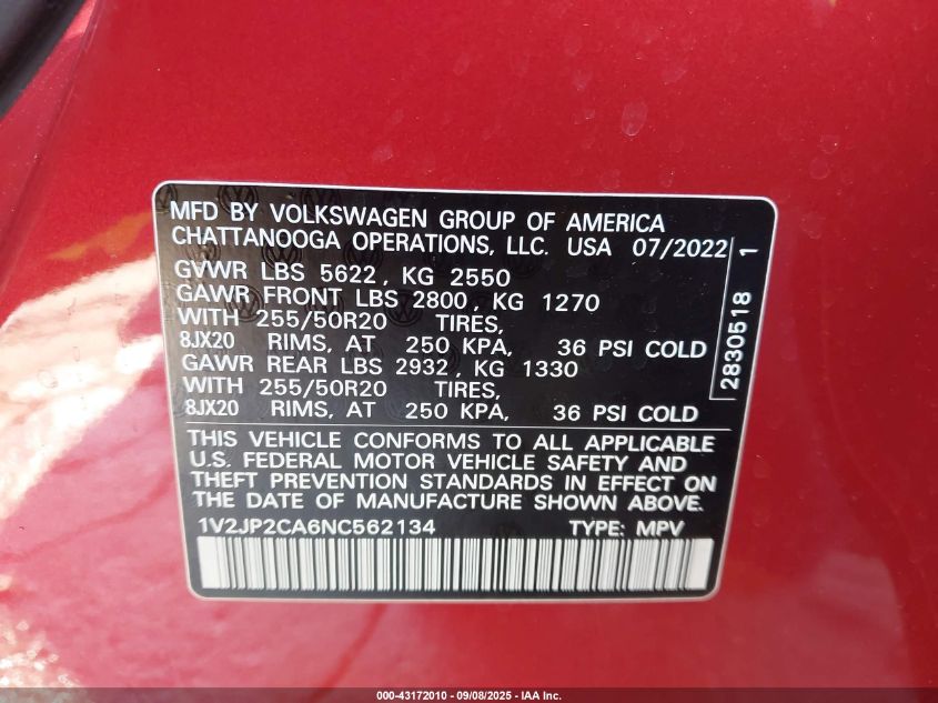 2022 Volkswagen Atlas 2.0T Se W/Technology VIN: 1V2JP2CA6NC562134 Lot: 43172010