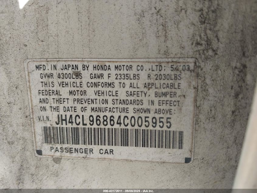 2004 Acura Tsx VIN: JH4CL96864C005955 Lot: 43172011