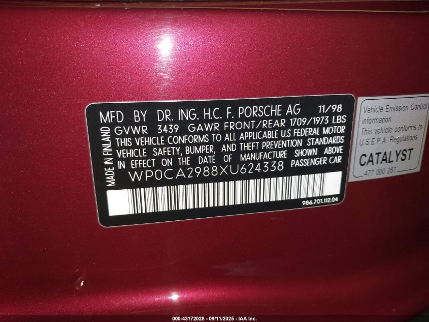 1999 Porsche Boxster VIN: WP0CA2988XU624338 Lot: 43172028