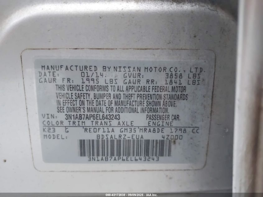 2014 Nissan Sentra Sr VIN: 3N1AB7AP6EL643243 Lot: 43172038