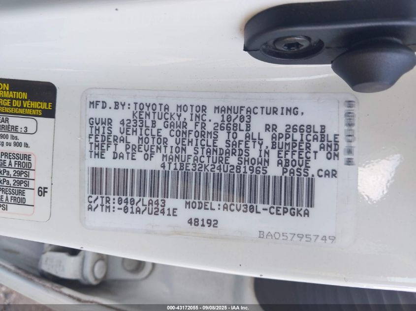 2004 Toyota Camry Xle VIN: 4T1BE32K24U281965 Lot: 43172055