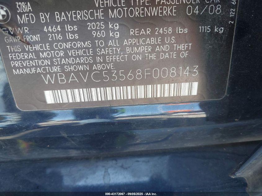 2008 BMW 328I VIN: WBAVC53568F008143 Lot: 43172067